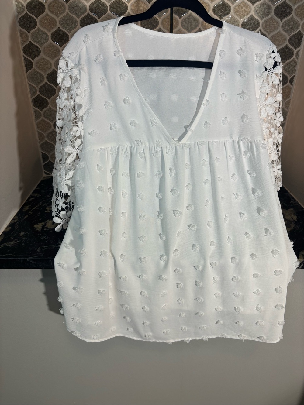 Women’s White V-Neck Eyelet Lace Sleeve Top